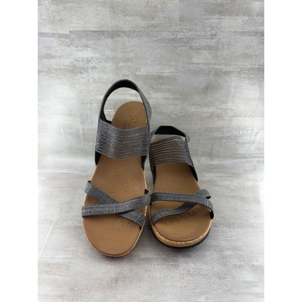 Skechers Luxe Foam Black Metallic Cork Wedge Slingback Sandals 31723 Women Sz 9